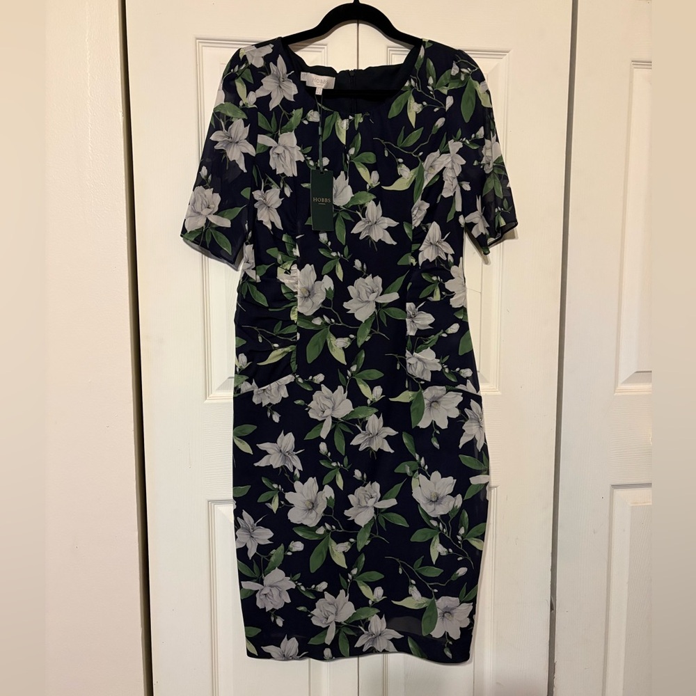Hobbs London New with tags Silk Navy Floral Midi Dress US10. No defects.